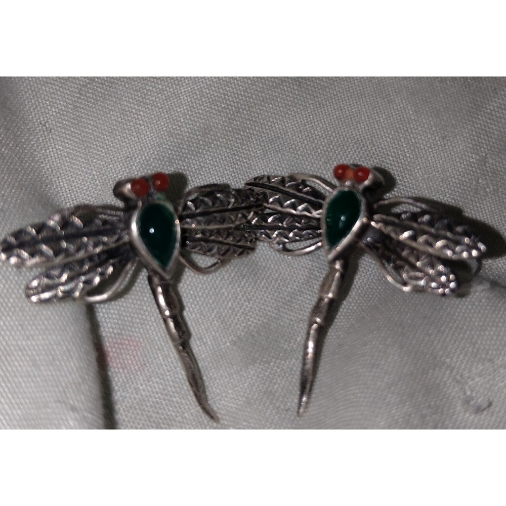 Vintage 925 Sterling Silver Dragonfly Stud Earrings Green Stone Red Eyes 2.5cm